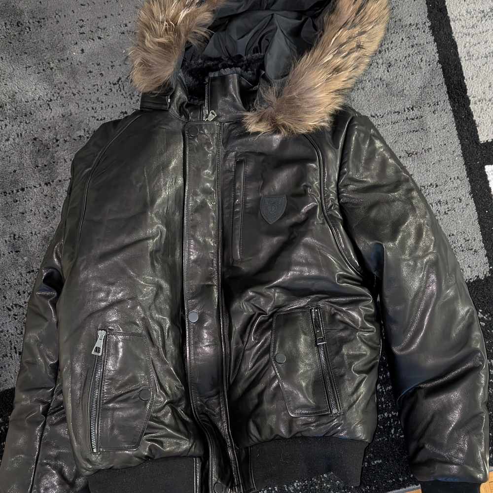 Men's Black Leather Puffer Jacket with Fur Hood